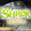 A curtain warmer of a forest with the Shrek the Musical logo