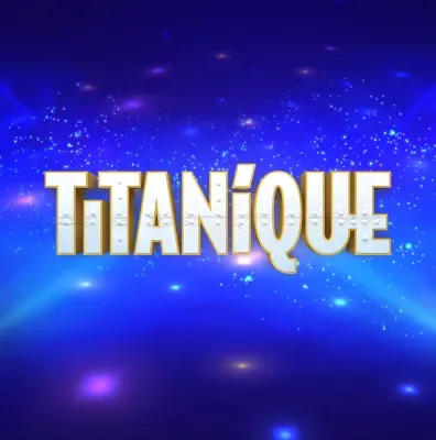 Titanique text logo with a sparkling, blue disco background