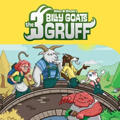 three goats and a lady crossing a bridge near a troll