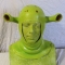 A green painted shrek hood on a mannequin head