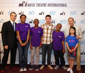 Drew Cohen, Nick Jonas and Freddie Gershon with NYC Students at the Shubert Foundation/MTI Student Share